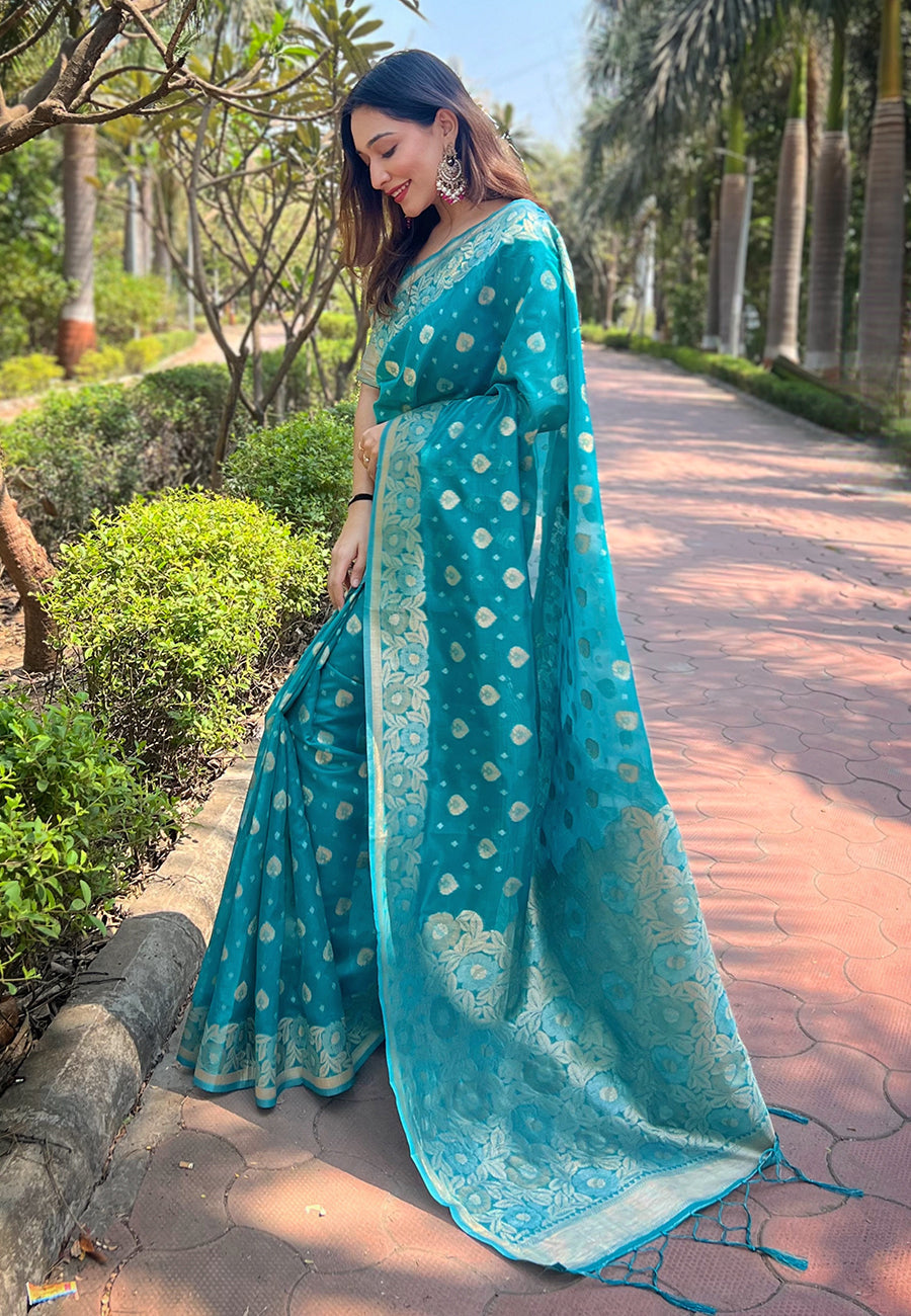 Blue Organza Zari Woven Saree