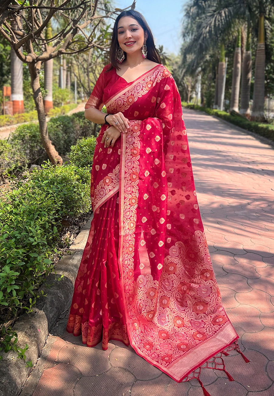 Pink Organza Zari Woven Saree