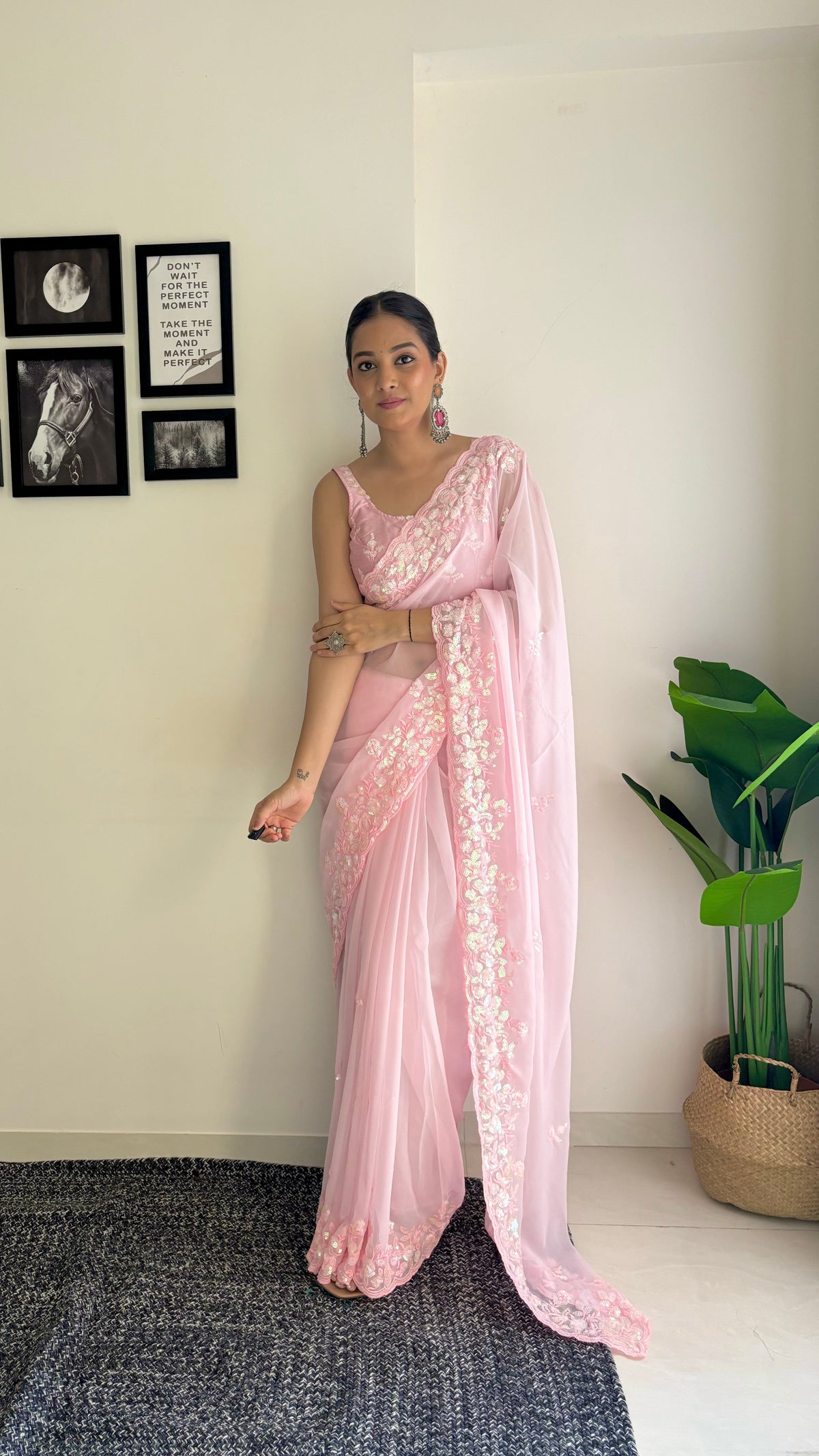 Pink Georgette Sequins Embroidered Saree