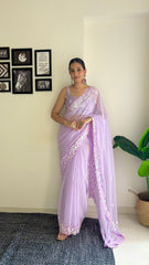 Purple Georgette Sequins Embroidered Saree