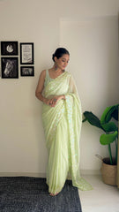 Pista Georgette Sequins Embroidered Saree