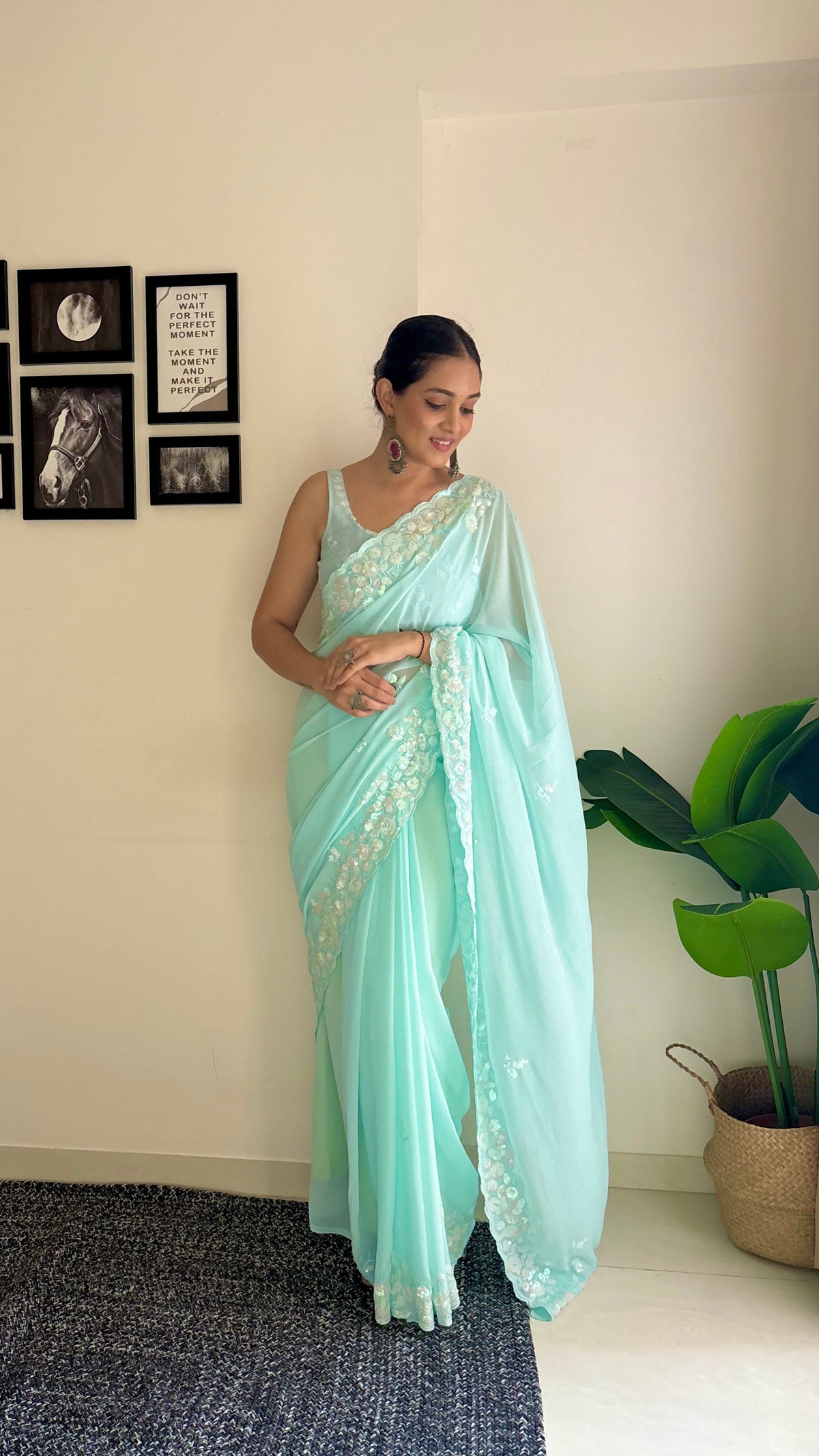 Sky Blue Georgette Sequins Embroidered Saree