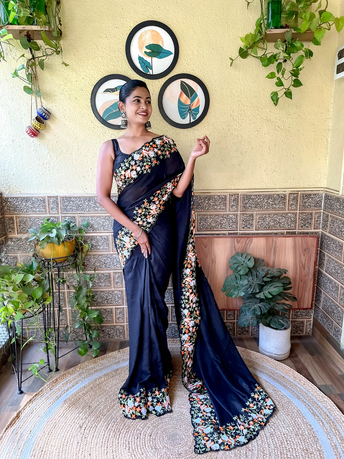 Black Vichitra Silk Sequins Embroidered Saree