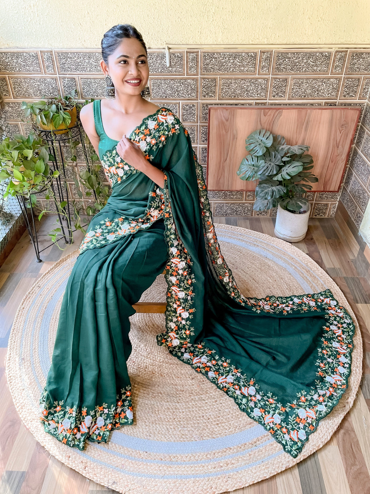 Green Vichitra Silk Sequins Embroidered Saree