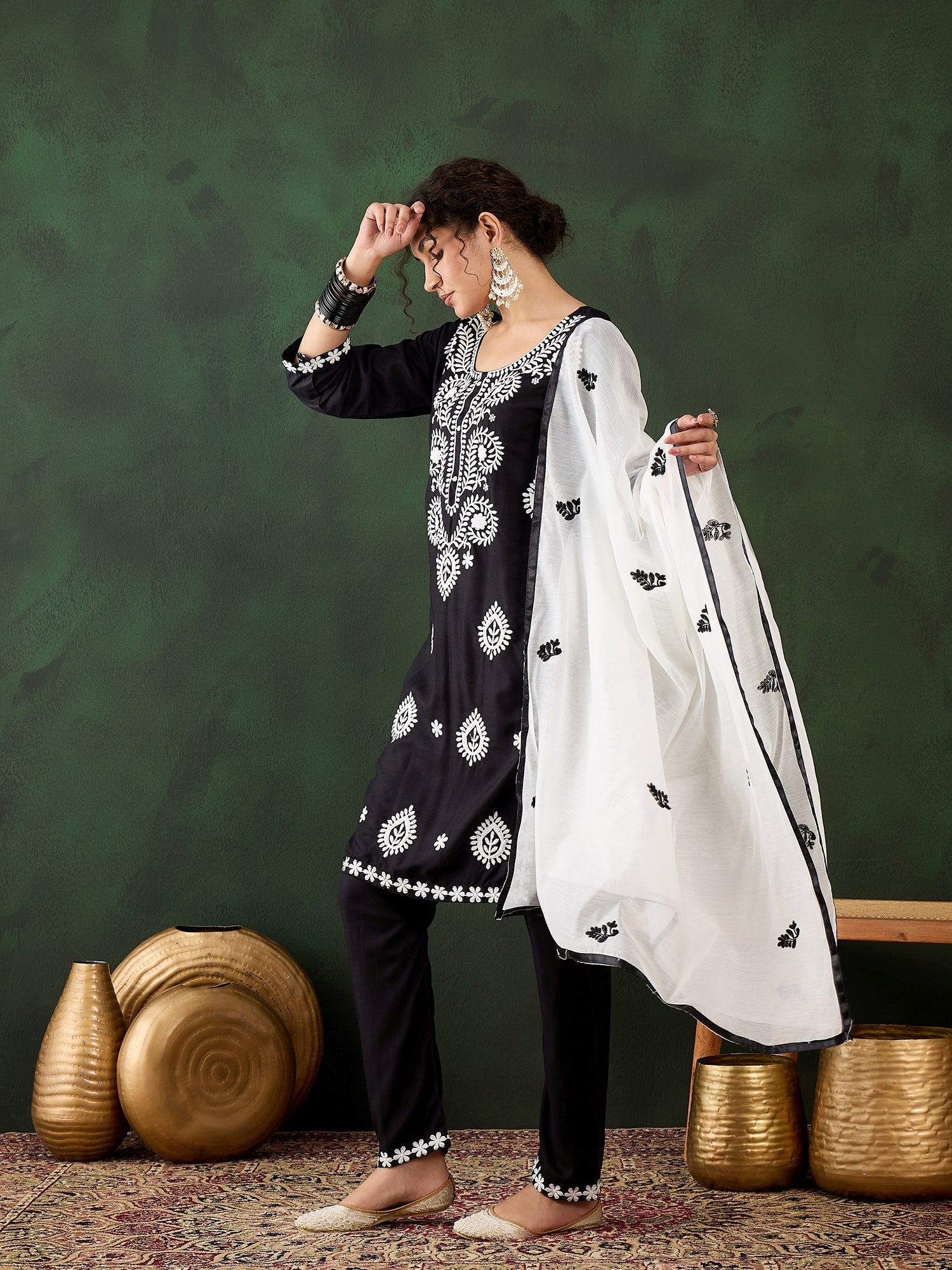 Black Rayon Chikankari Kurti With Pant Dupatta