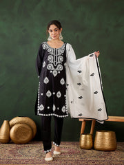 Black Rayon Chikankari Kurti With Pant Dupatta