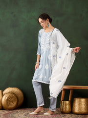 Steel Grey Rayon Chikankari Kurti With Pant Dupatta