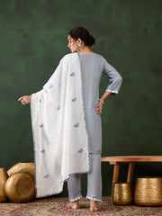 Steel Grey Rayon Chikankari Kurti With Pant Dupatta