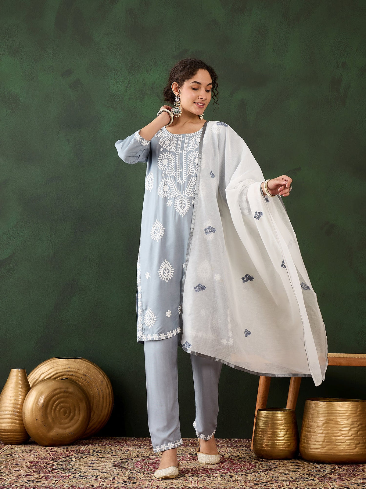 Steel Grey Rayon Chikankari Kurti With Pant Dupatta