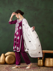 Magenta Rayon Chikankari Kurti With Pant Dupatta