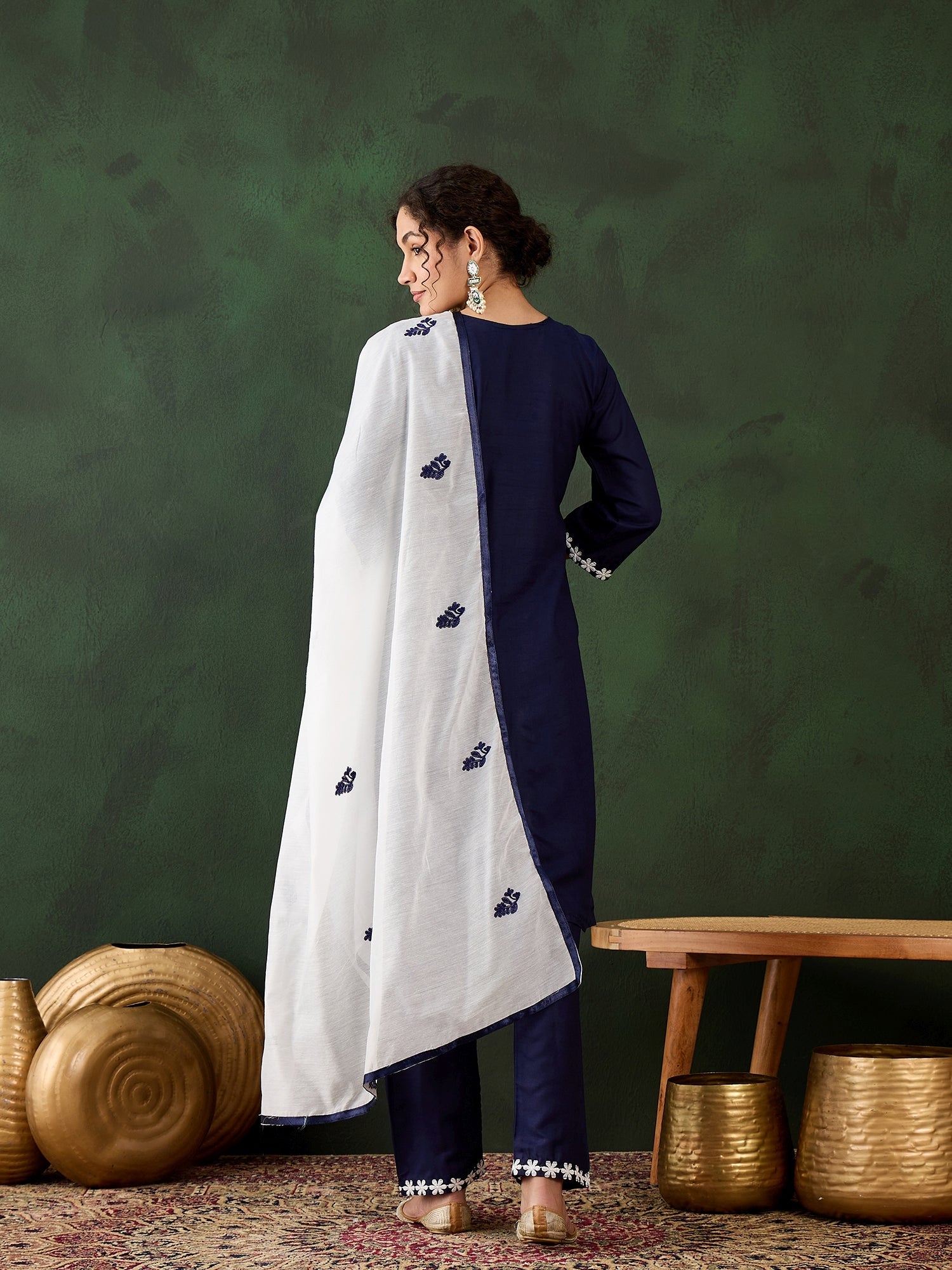 Blue Rayon Chikankari Kurti With Pant Dupatta