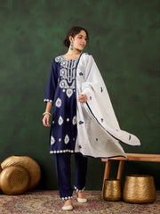 Blue Rayon Chikankari Kurti With Pant Dupatta