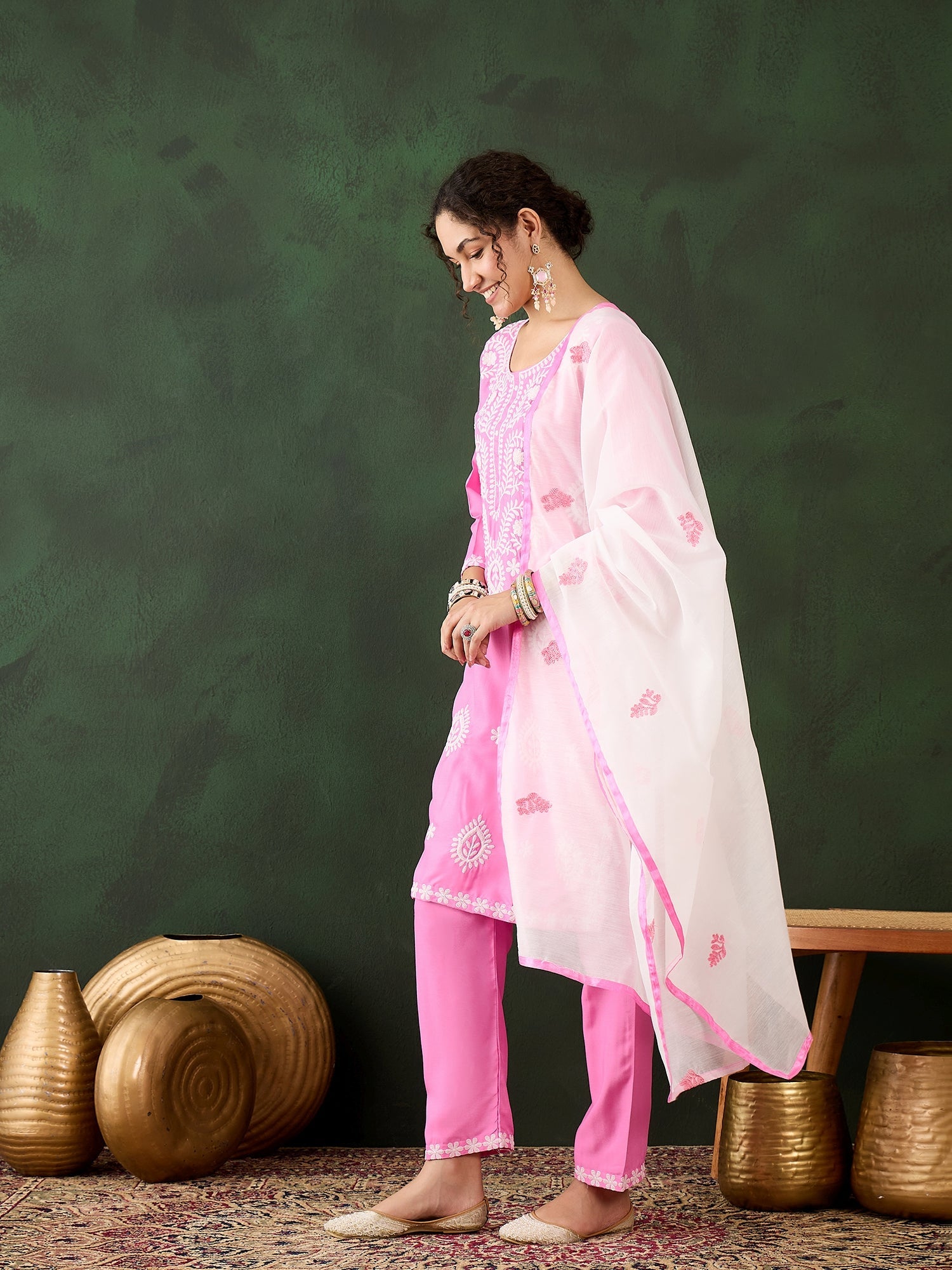 Light Pink Rayon Chikankari Kurti With Pant Dupatta