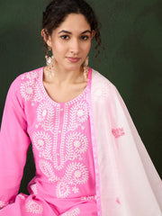 Light Pink Rayon Chikankari Kurti With Pant Dupatta