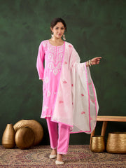 Light Pink Rayon Chikankari Kurti With Pant Dupatta