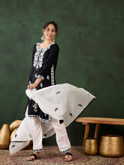 Black Rayon Chikankari Kurti Pant Dupatta