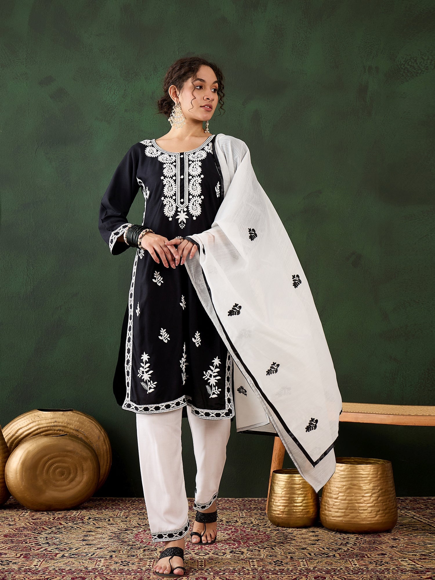 Black Rayon Chikankari Kurti Pant Dupatta