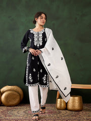 Black Rayon Chikankari Kurti Pant Dupatta