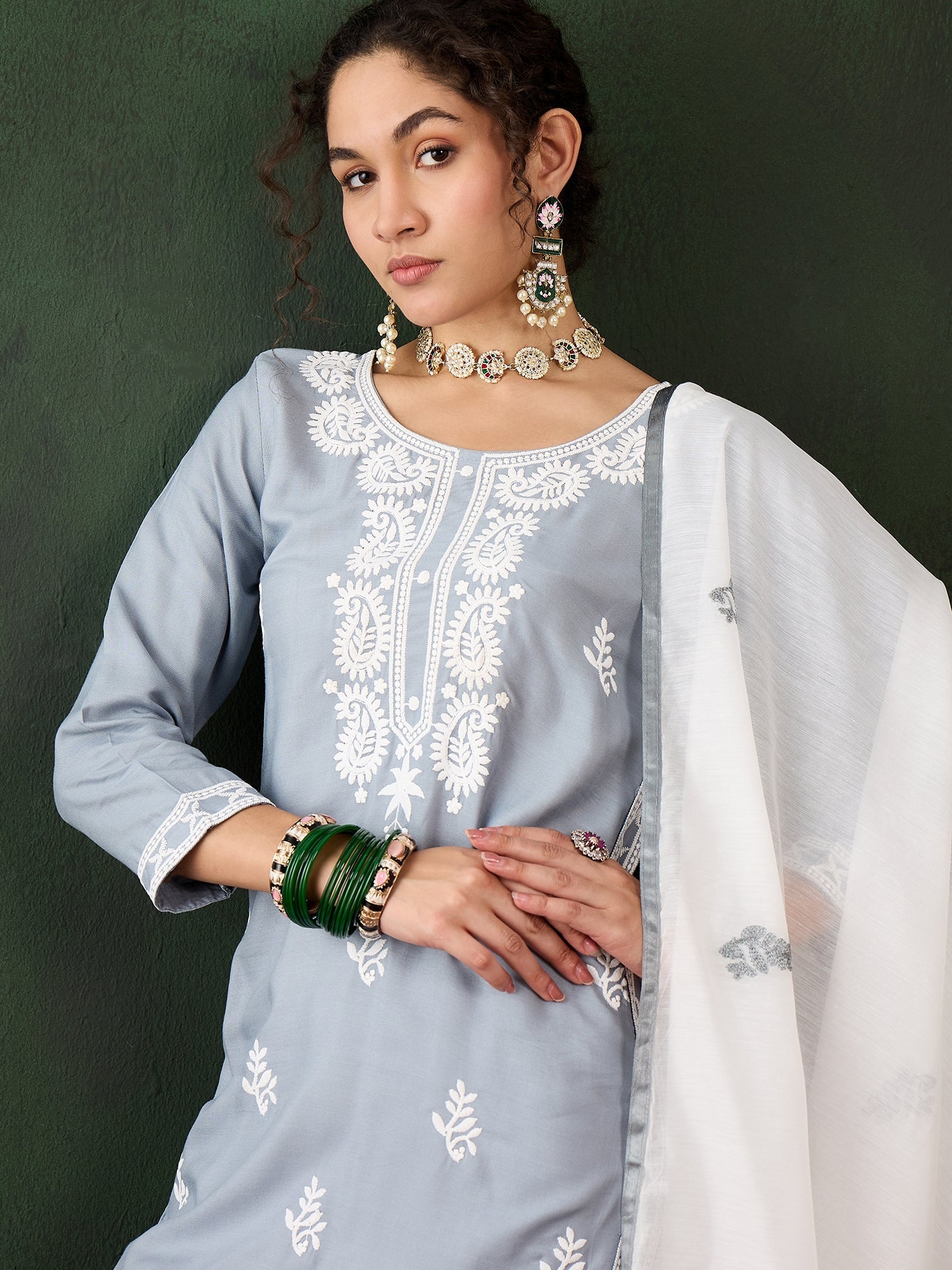 Grey Rayon Chikankari Kurti With Pant Dupatta