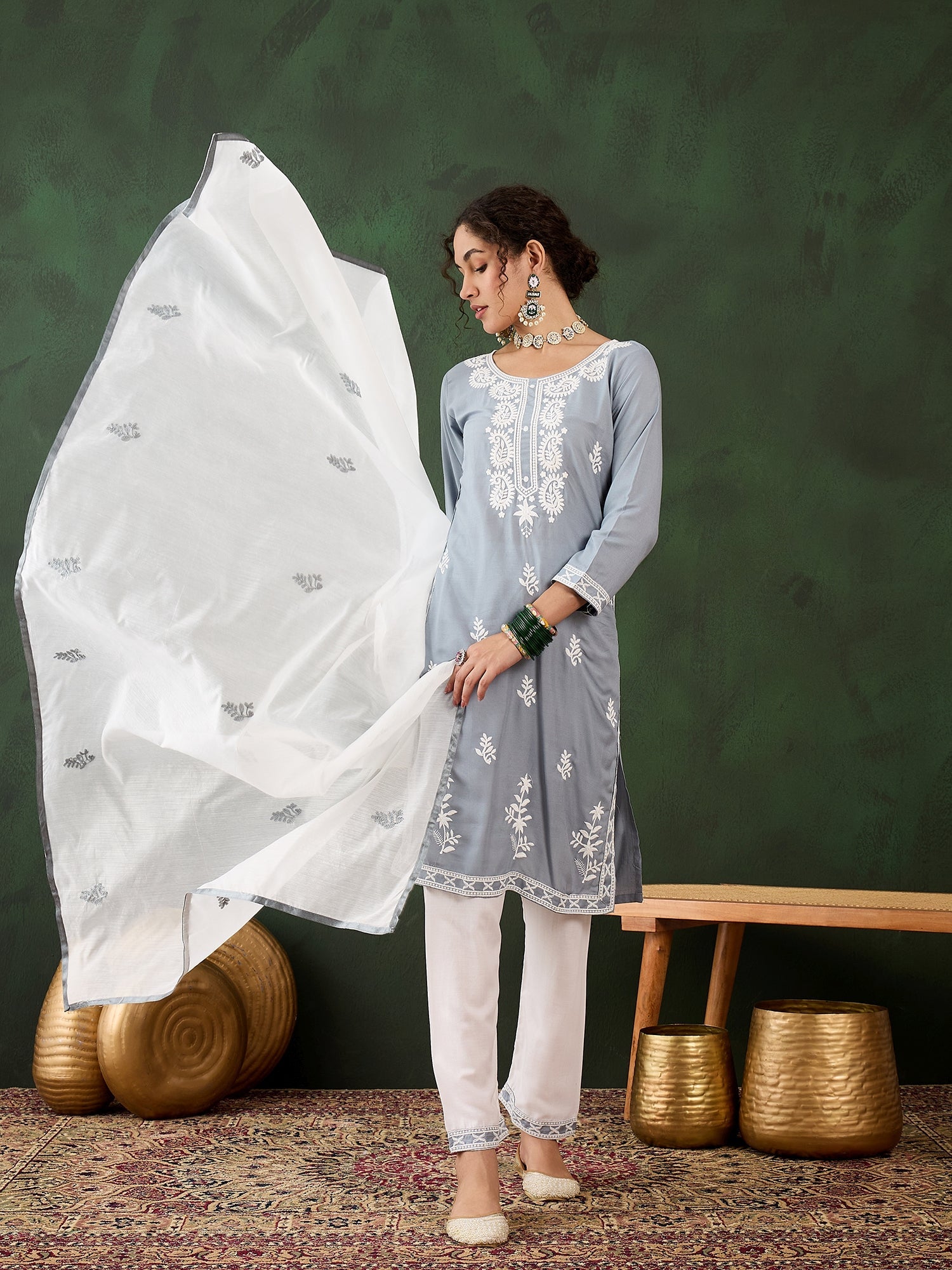 Grey Rayon Chikankari Kurti With Pant Dupatta