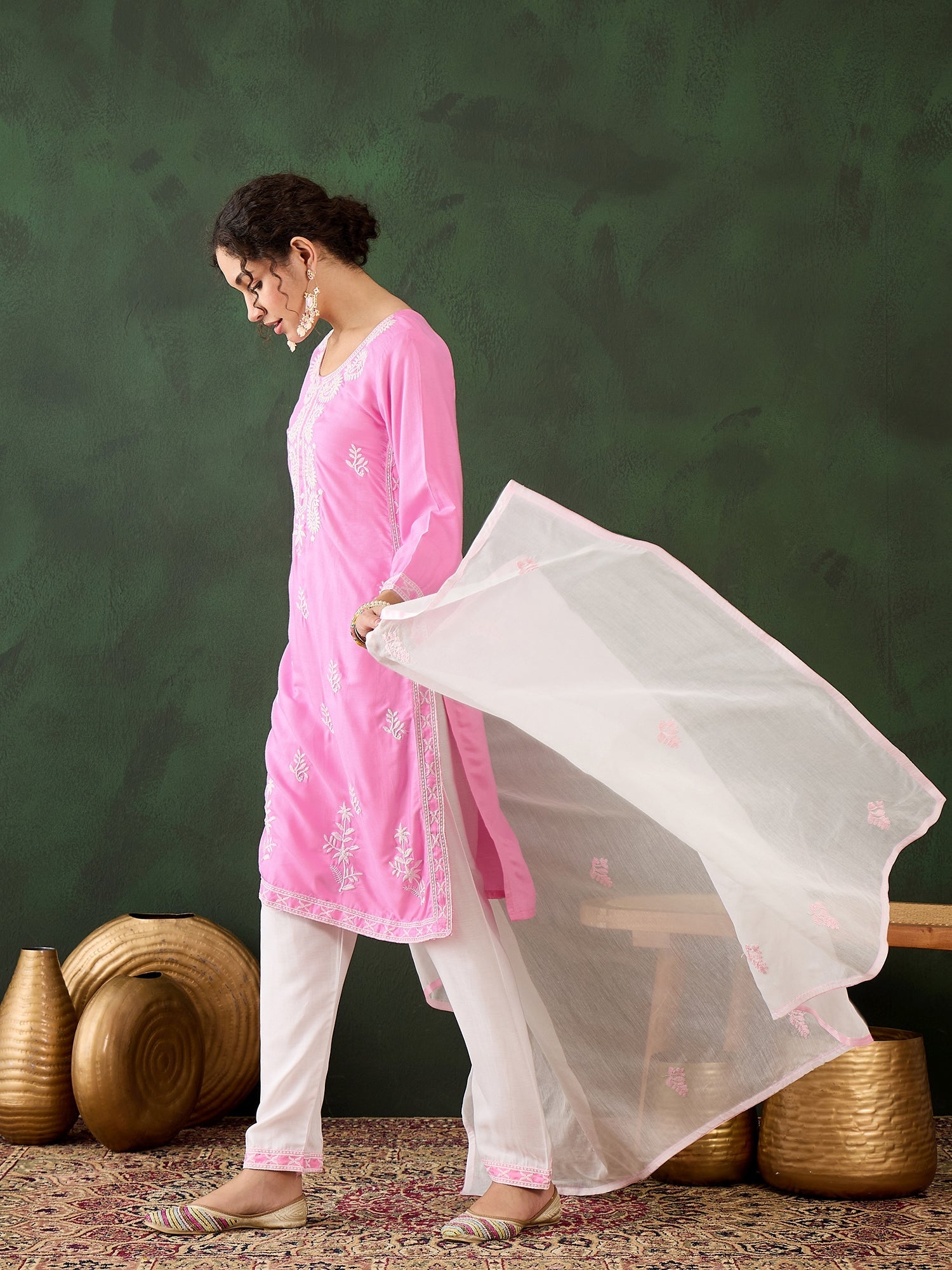 Baby Pink Rayon Chikankari Kurti With Pant Dupatta