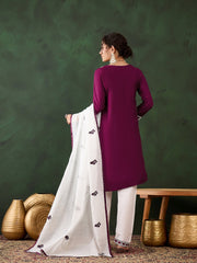 Purple Rayon Chikankari Kurti With Pant Dupatta