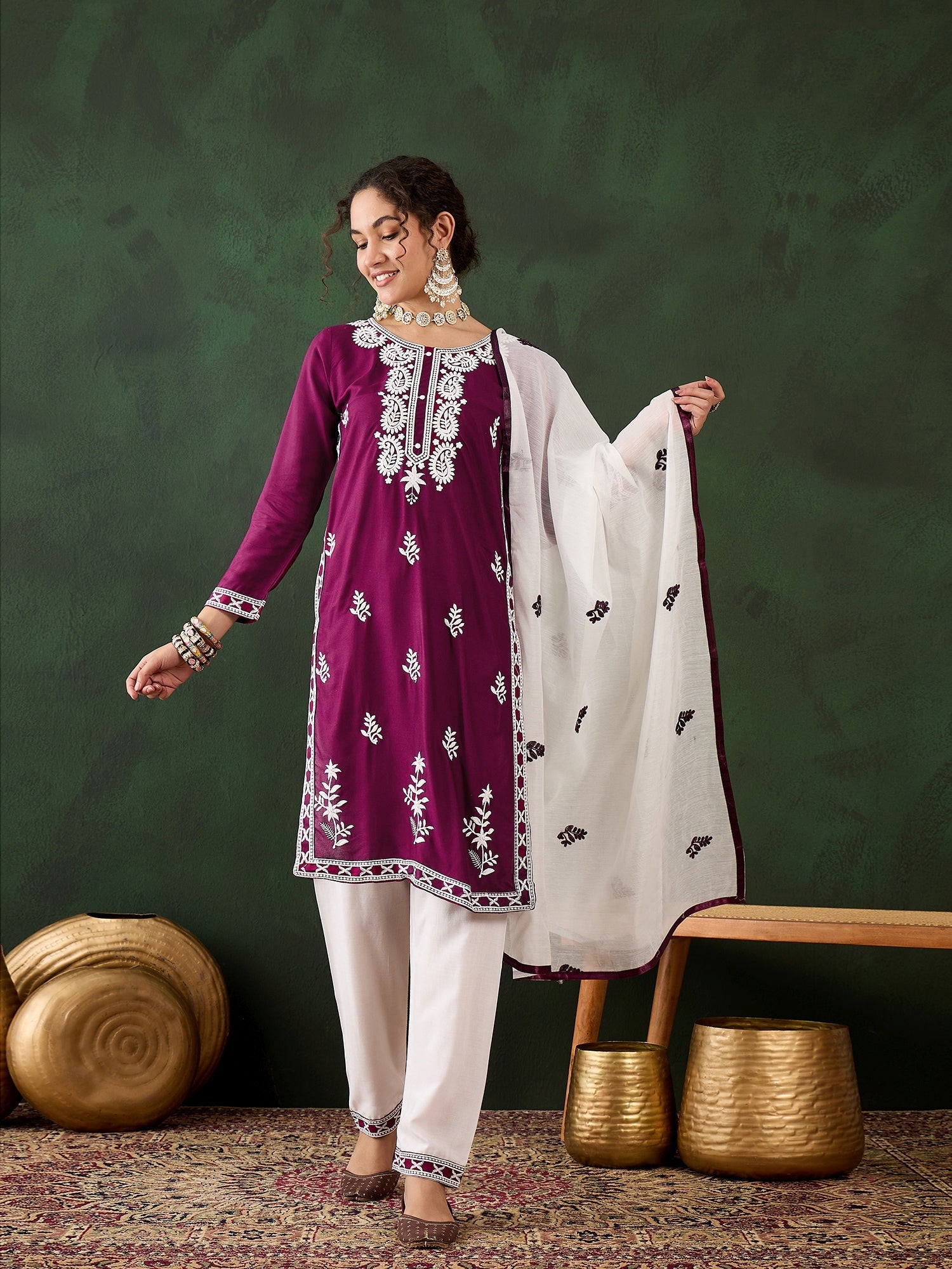 Purple Rayon Chikankari Kurti With Pant Dupatta