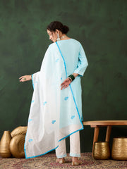 Sky Blue Rayon Chikankari Kurti With Pant Dupatta