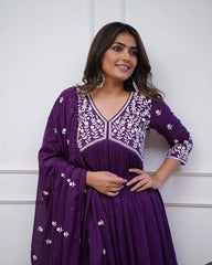 Purple Vichitra Silk Embroidered Kurti With Pant Dupatta