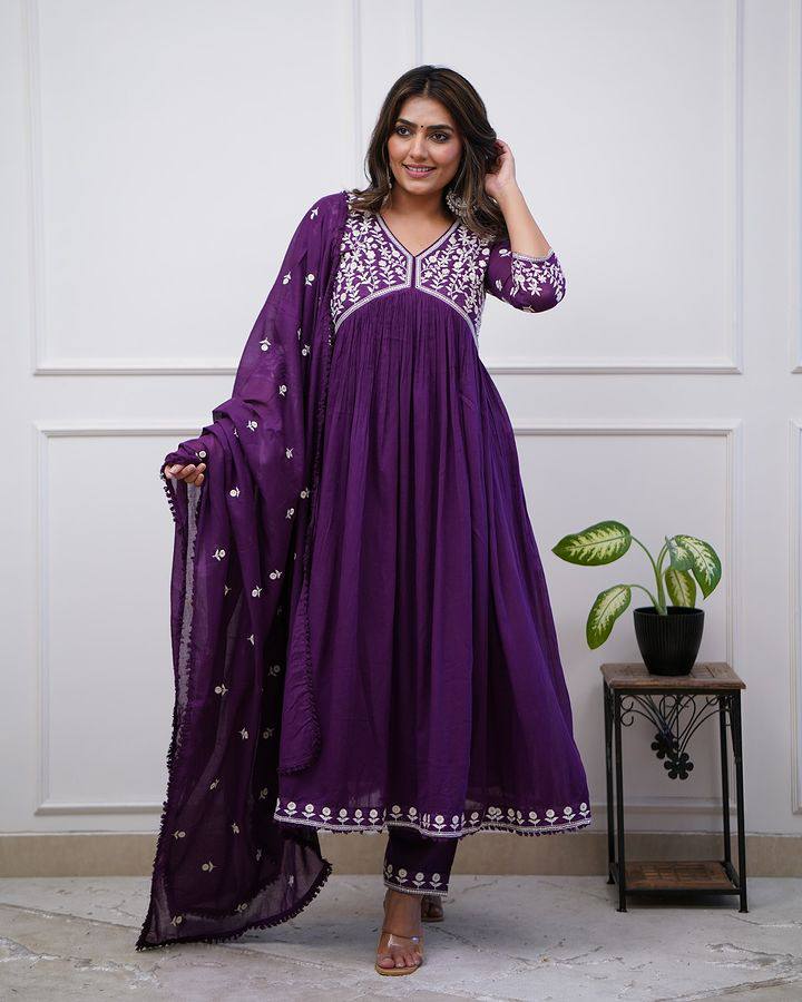 Purple Vichitra Silk Embroidered Kurti With Pant Dupatta