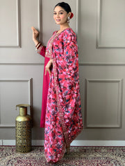 Rani Pink Viscose Chanderi Embroidered Kurti With Pant Dupatta