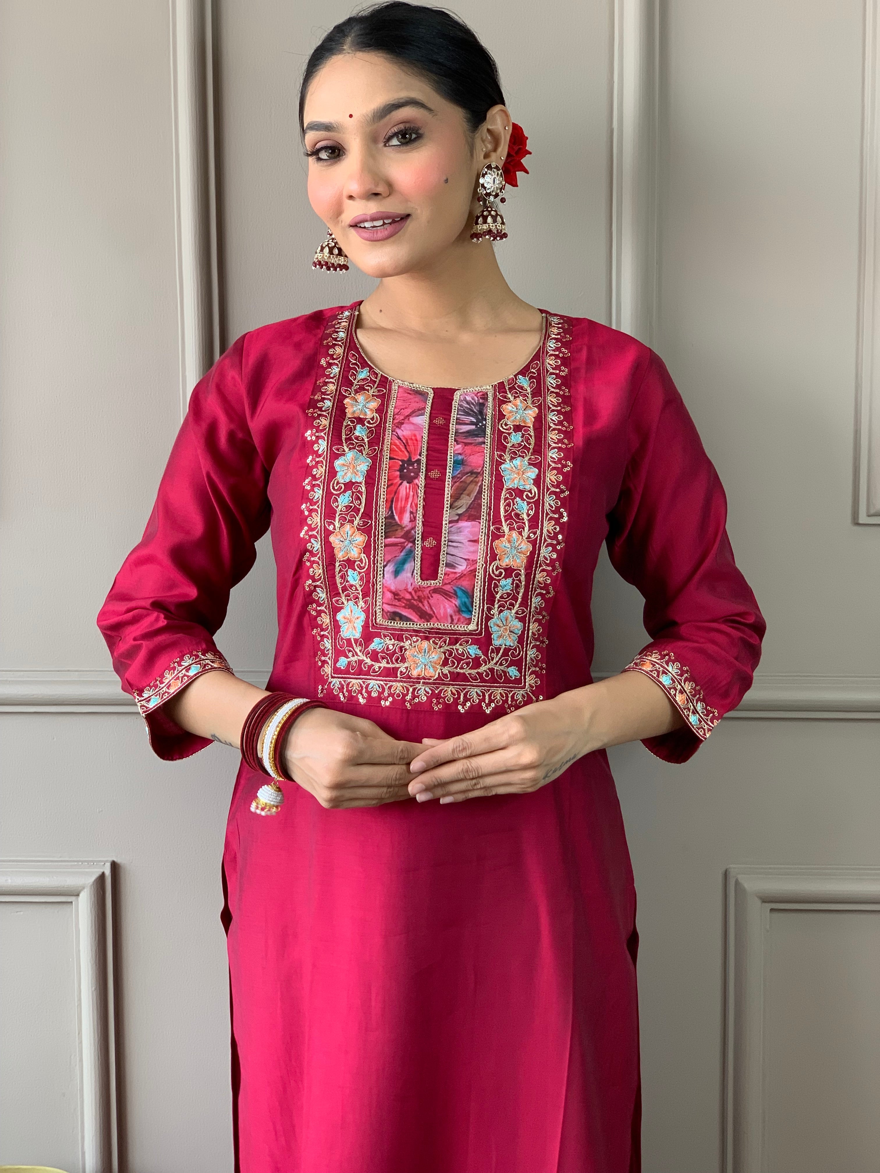 Rani Pink Viscose Chanderi Embroidered Kurti With Pant Dupatta