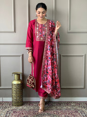 Rani Pink Viscose Chanderi Embroidered Kurti With Pant Dupatta