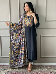 Black Viscose Chanderi Embroidered Kurti With Pant Dupatta