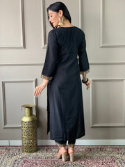 Black Viscose Chanderi Embroidered Kurti With Pant Dupatta