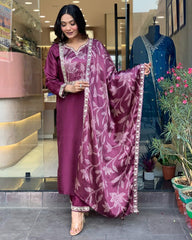 Wine Viscose Chanderi Embroidered Kurti With Pant Dupatta