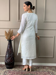 White Viscose Nylon Embroidered Kurti With Pant Dupatta