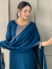 Blue Viscose Chanderi Embroidered Kurti With Pant Dupatta