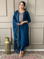 Blue Viscose Chanderi Embroidered Kurti With Pant Dupatta