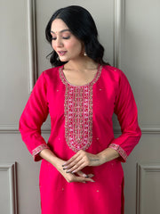 Peach Pink Viscose Chanderi Embroidered Kurti With Pant Dupatta