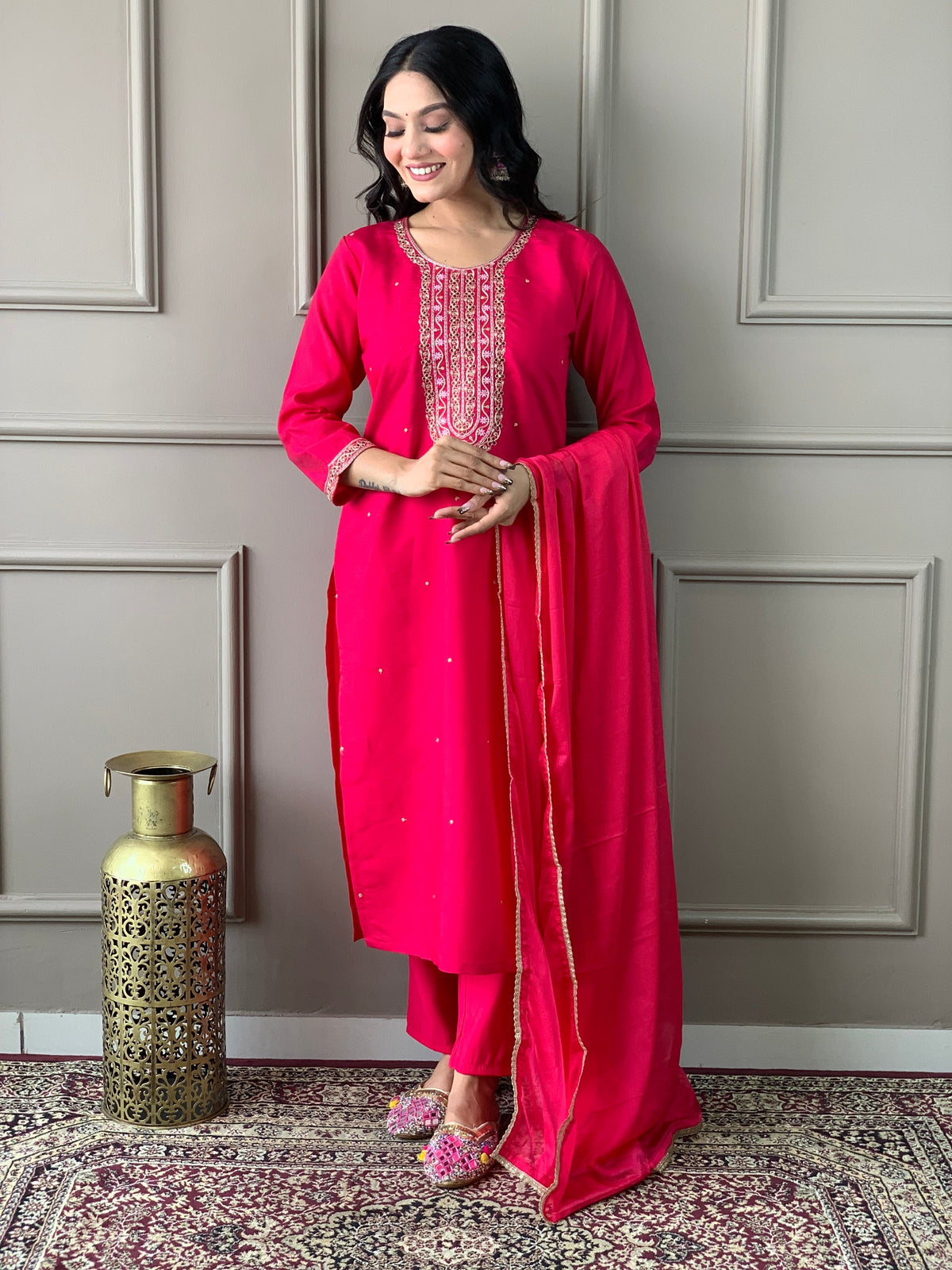 Peach Pink Viscose Chanderi Embroidered Kurti With Pant Dupatta