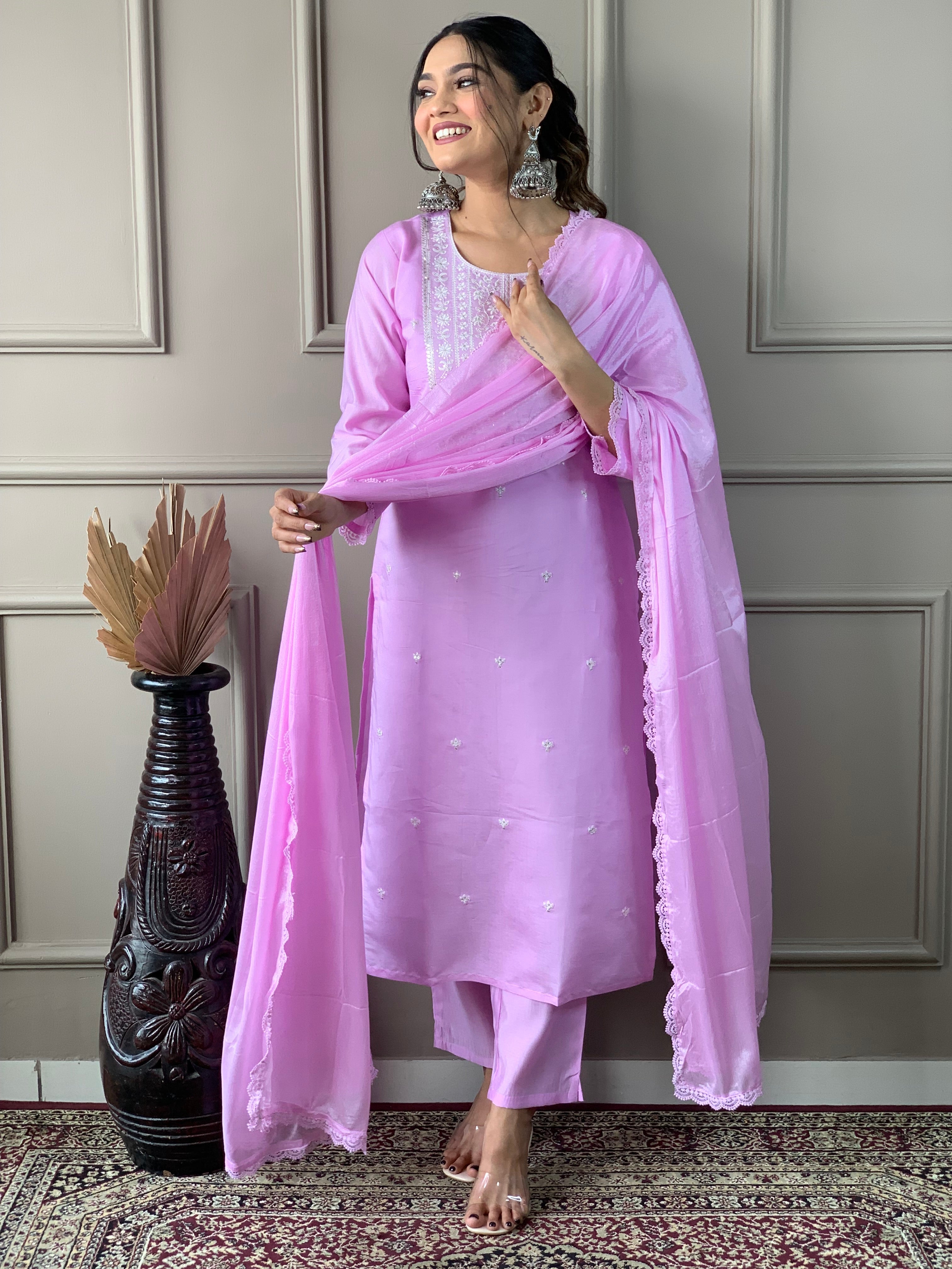 Neon Pink Viscose Chanderi Embroidered Kurti With Pant Dupatta