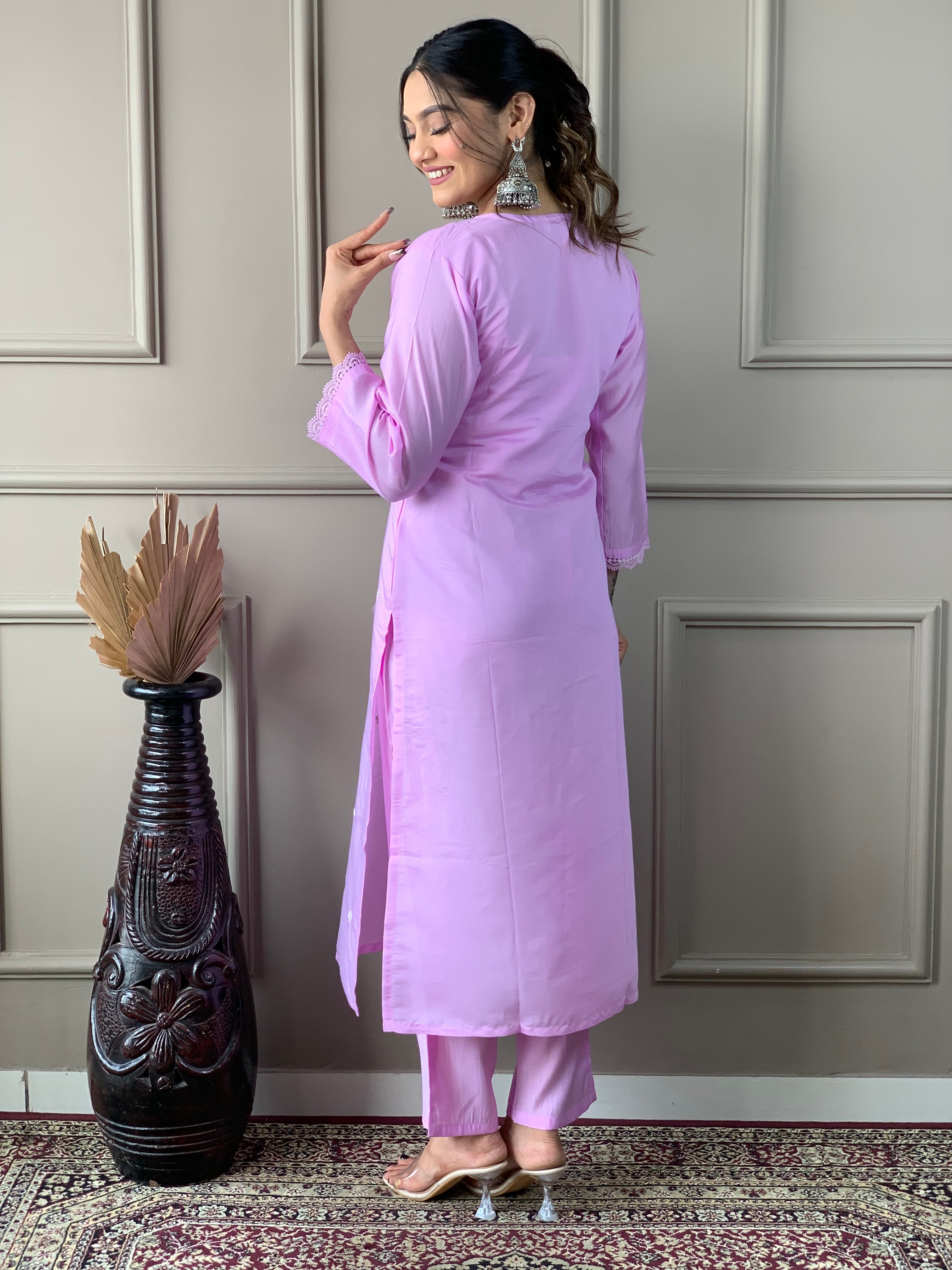 Neon Pink Viscose Chanderi Embroidered Kurti With Pant Dupatta