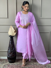 Neon Pink Viscose Chanderi Embroidered Kurti With Pant Dupatta