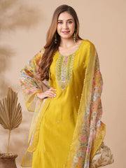 Mustard Chanderi Embroidered Kurti With Pant Printed Dupatta