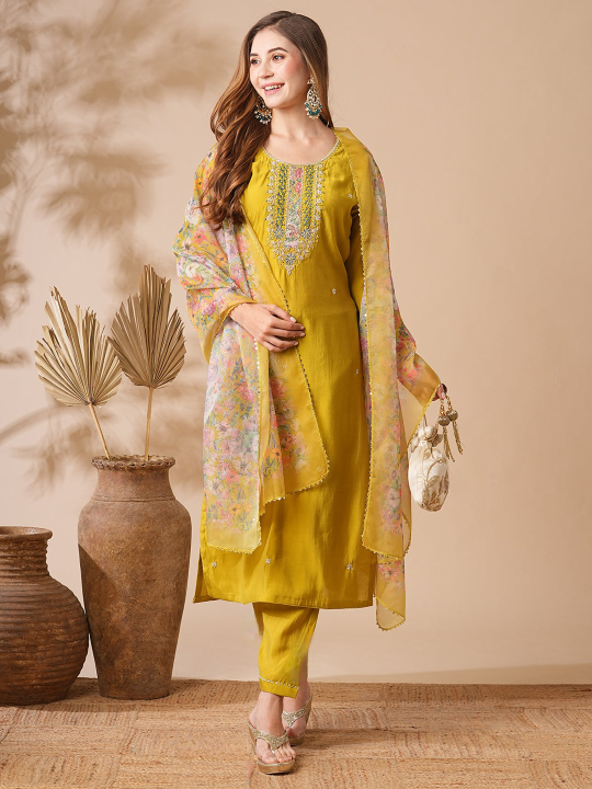 Mustard Chanderi Embroidered Kurti With Pant Printed Dupatta