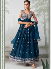 Teal Blue Georgette Sequins Embroidered  Anarkali Gown With Pant Dupatta