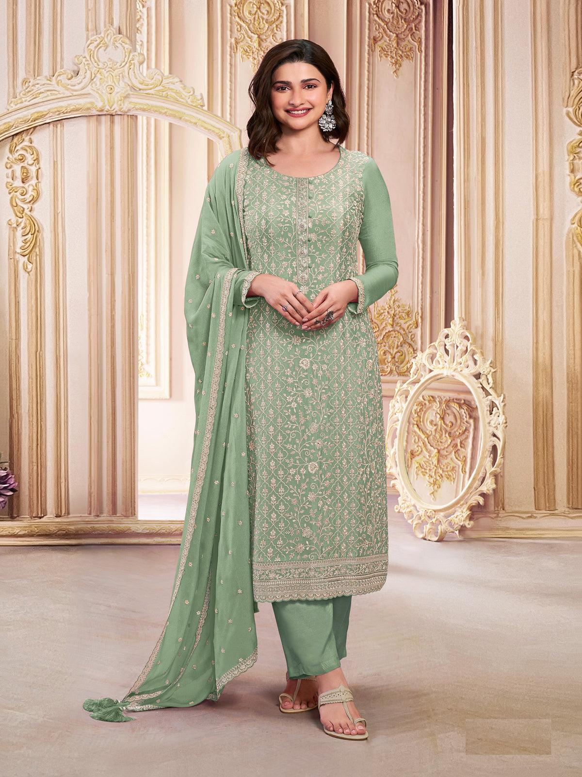 Green Georgette Embroidered  Salwar Suit With Dupatta