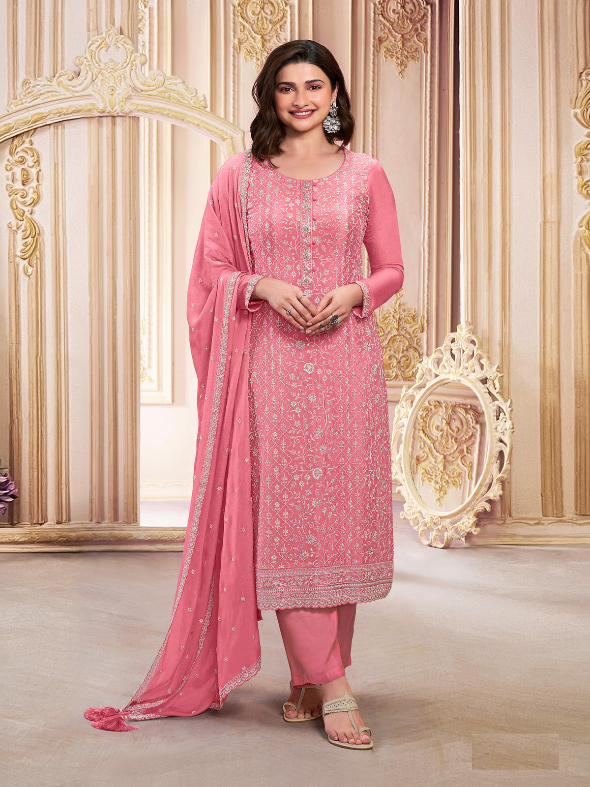 Pink Georgette Embroidered  Salwar Suit With Dupatta