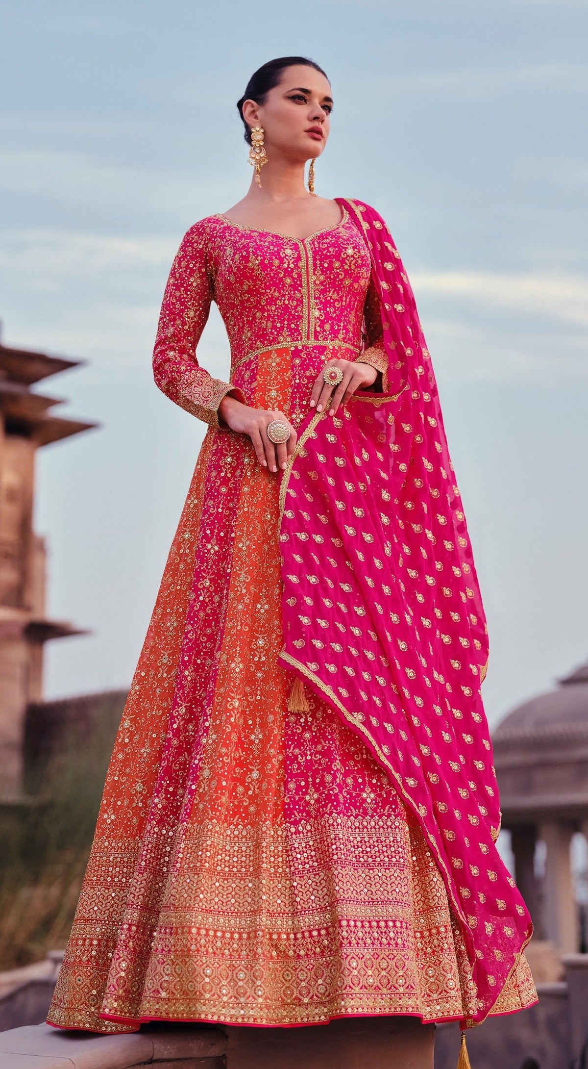 Pink Georgette Embroidered  Anarkali Kurti With Pant Dupatta